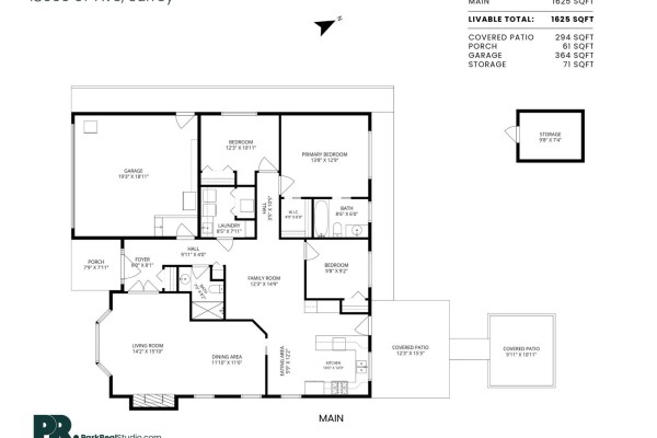 Floor plan of a single-story house with living room, dining room, kitchen, and bedrooms. - 18555 57 Avenue, Surrey