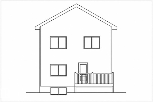 Architectural drawing of the rear elevation of a two-story house with a gable roof and a deck. - 18611 130 St Nw, Edmonton