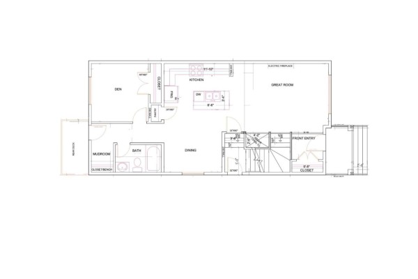 Floor plan of the main level showing a great room, kitchen, dining, den, and mudroom. - 18611 130 St Nw, Edmonton