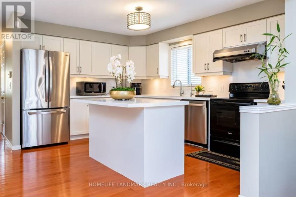 Kitchen featuring white cabinets, a white island, stainless steel appliances, and hardwood floors. - 188 Pineland Court, Waterloo