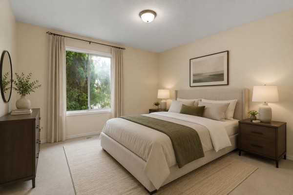 Living room with wood floors, fireplace, and large window overlooking greenery. - 19 3350 Elmwood Drive, Abbotsford