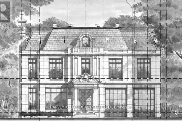 Architectural drawing of a multi-story French-style mansion with detailed elevations and roof lines. - 19 Blair Athol Crescent, Toronto