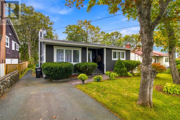 Side view of a dark grey siding bungalow with a paved driveway and lush green lawn. - 19 First Avenue, St  John S