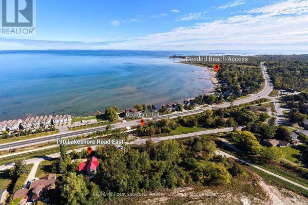 Aerial view showing the property at 190 Lakeshore Road East, with labels for Georgian Trail and deeded beach access. - 190 Lakeshore Road E, Blue Mountains