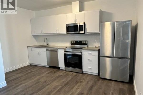 Kitchen with white cabinets, stainless steel appliances, and dark wood laminate flooring. - 1900 Concession Rd 6 Unit# 205, Lasalle