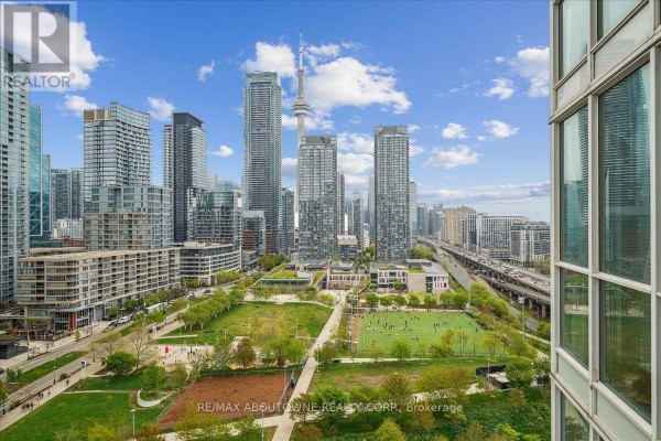 Collage of living room and kitchen areas with city views from large windows. - 1901 - 75 Queens Wharf Road, Toronto