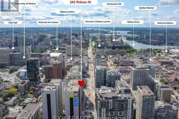 Aerial view of downtown Ottawa with building location and landmarks labeled. - 1906 - 242 Rideau Street, Ottawa