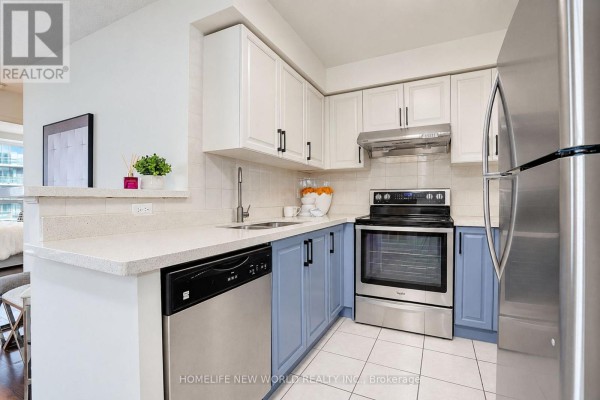 Kitchen with white and blue cabinets, stainless steel appliances, and speckled countertops. - 1908 - 23 Lorraine Drive, Toronto