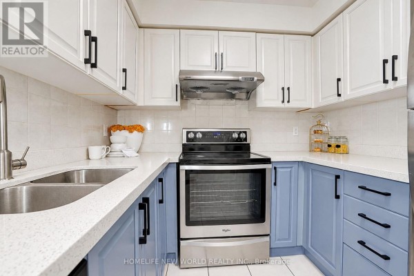 Kitchen counter space with sink, dishwasher, and view of stove and cabinets. - 1908 - 23 Lorraine Drive, Toronto