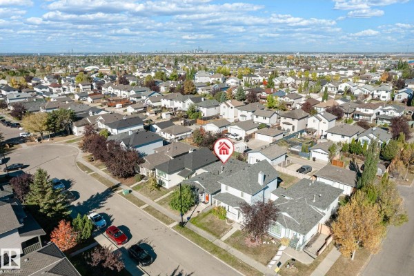 Aerial view of a suburban neighborhood with single-family homes and mature trees. - 1908 36 Av Nw, Edmonton