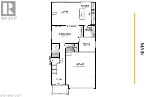 Main floor layout of a house with entry, living room, dining room, kitchen, office, and garage. - 192 Benninger Drive, Kitchener
