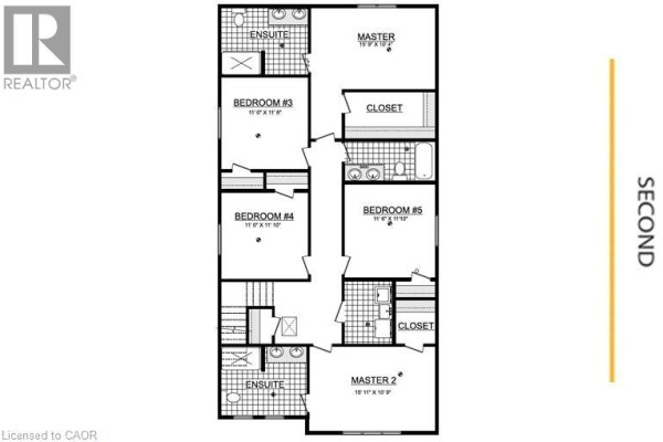 Second floor layout showing five bedrooms, two ensuites, and a main bathroom. - 192 Benninger Drive, Kitchener