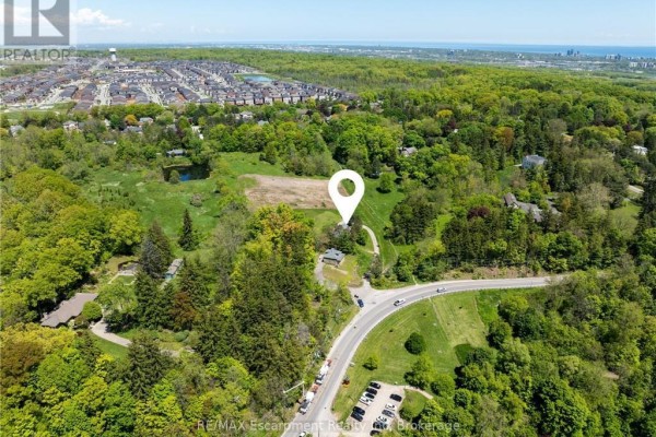 Aerial view showing the property with a location pin, surrounded by trees and bordering a suburban area. - 193 Mill Street S, Hamilton