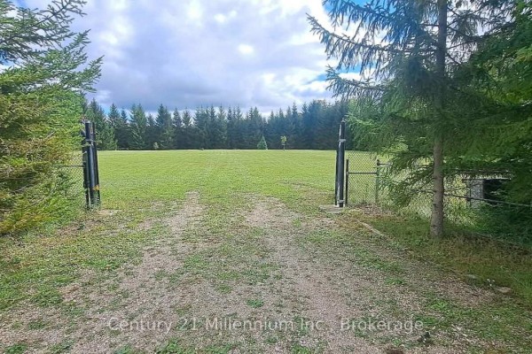 Gravel driveway leading through open gates into a large, cleared grassy area. - 194247 Grey Road 13, Grey Highlands