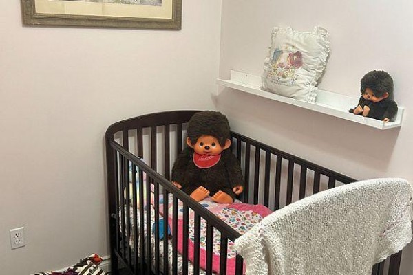 Nursery with a dark wood crib, stuffed toys, and pink walls. - 195 Lakeland Crescent, Richmond Hill