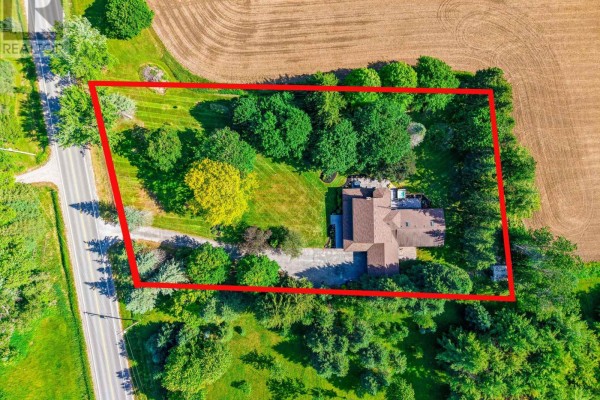 Aerial view of the property at 1960 10th Side Road, New Tecumseth, bordered by red lines. - 1960 10th Side Road, New Tecumseth