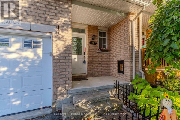Close-up of a townhouse front entrance with a white door, stone steps, and black decorative fence. - 197 Portrush Avenue, Ottawa