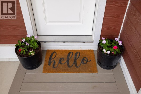Doormat reading "hello" with potted plants flanking the front door. - 1999 15 Avenue Unit# 19, Vernon