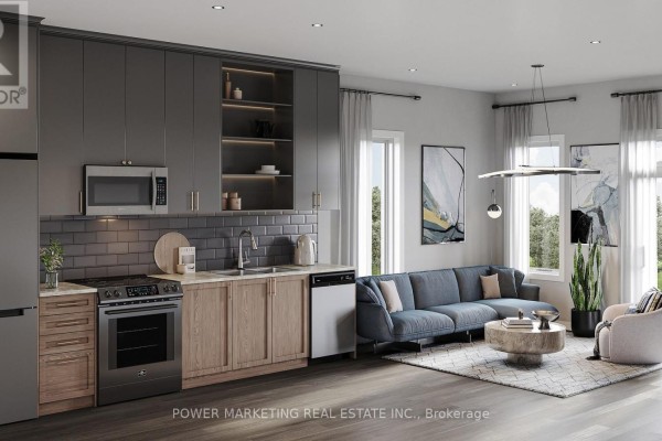 An open-concept living area with a modern kitchen, grey sofa, and large windows. - 1a - 501 Chevilly Private, Ottawa