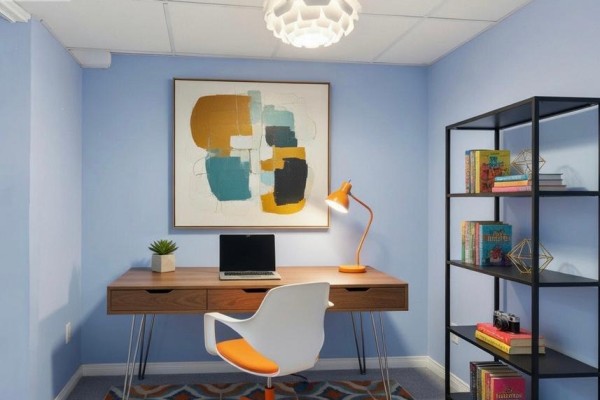 Office with wood desk, black shelving unit, drop ceiling - 2 - 110 Silvan Drive, Welland
