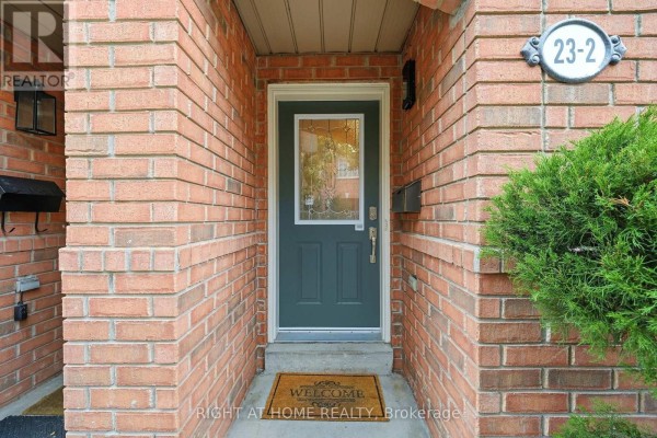 Close-up of the dark green front door with glass inserts and brick facade. - 2 - 23 West Deane Park Drive, Toronto