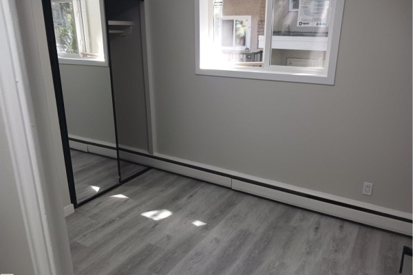 Empty room with light grey walls, grey wood-look flooring, and a mirrored closet door reflecting the room. - #2 10045 154 St Nw, Edmonton