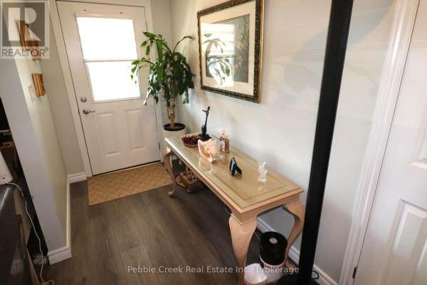Entryway of a home with a white door, a console table, and a large potted plant. - 2 Highview Street, Ashfield Colborne Wawanosh