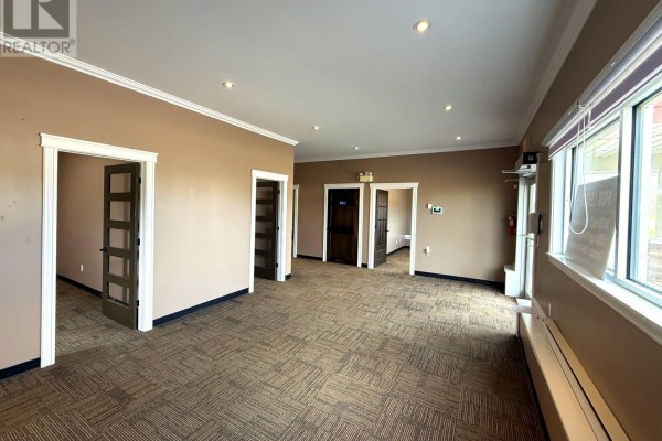Office interior with brown walls, patterned carpet, and white trim. Multiple doorways lead to other rooms. - 2 Industrial Park, Springdale