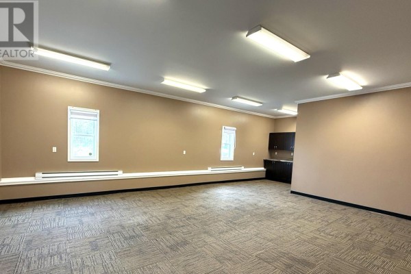 Large interior room with tan walls, patterned carpet, and numerous fluorescent lights. Features windows and a dark wood cabinet. - 2 Industrial Park, Springdale