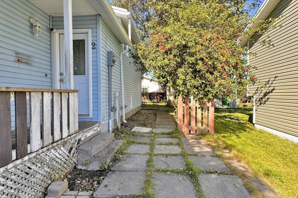 Concrete stepping stones leading to the side entrance of the house with a wooden fence. - 2 Mcmaster Place, Mount Pearl