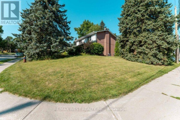 Side yard of the property with a large grassy slope and mature evergreen trees flanking the house. - 2 Robinter Drive, Toronto
