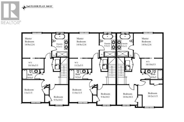 Second floor plan with dimensions for three units, detailing bedrooms, ensuites, and bathrooms. - 2 Tulip Boulevard, Paradise