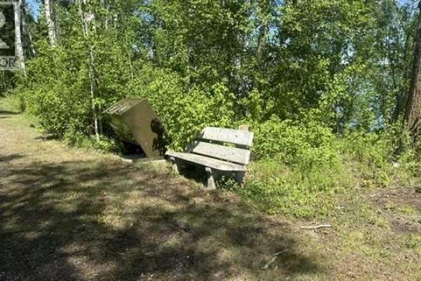 Wooden park bench and metal trash receptacle surrounded by green foliage. - 20, 2404 394 Township, Rural Lacombe County