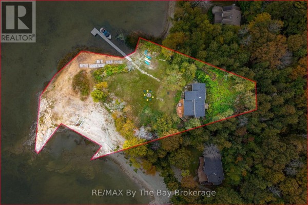 Aerial, overhead view of the island property boundaries, cabin, and shoreline. - 20 Island 404/quarry Island, Georgian Bay
