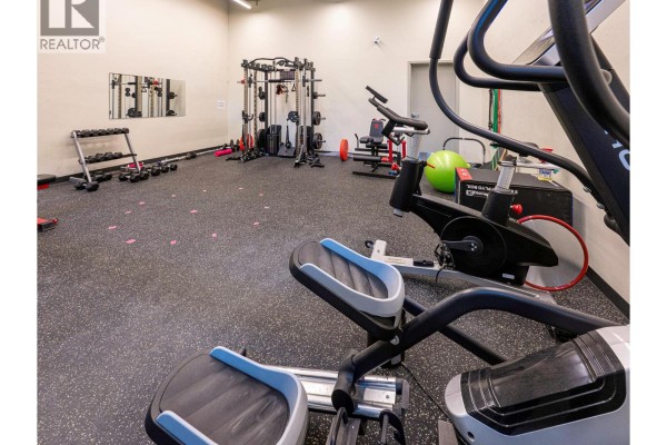 Gym with weight machines, dumbbells, cardio equipment, and a rubberized floor. - 20 Kettleview Road Unit# 305, Big White