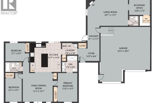 Floor plan of a house showing living room, kitchen, bedrooms, and garage. - 20 Rumberger Road, Candle Lake