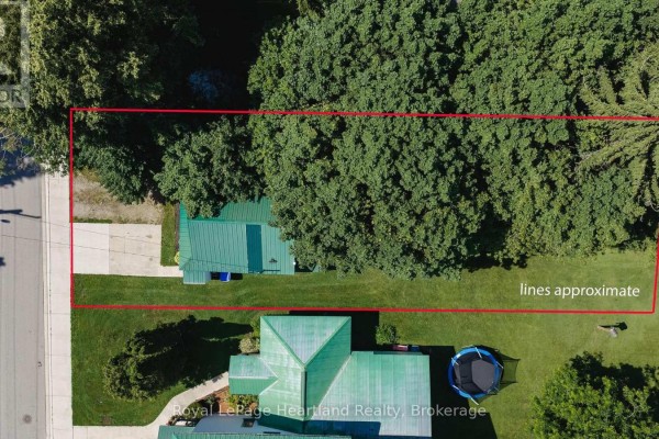 Aerial view of the property lot outlined in red with surrounding trees. - 20 William Street S, Central Huron