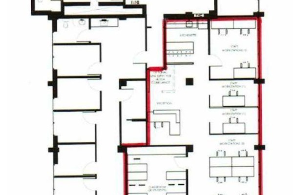 Floor plan showing offices, reception, kitchenette, and staff workstations. - 200 & 400 - 151-153 Frederick St Street, Kitchener