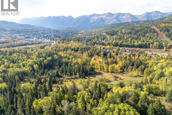 Aerial view showing a town nestled in a valley surrounded by dense, autumn-colored forest. - 200 Canyon Trail, Fernie