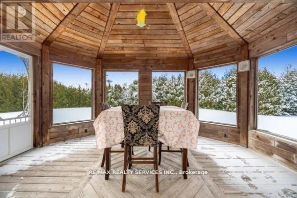 Enclosed sunroom with wood paneled walls, large windows, snowy outdoor view - 20040 Kennedy Road, Caledon