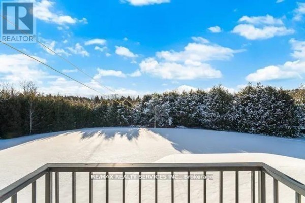 Snow-covered yard with trees and railing on a sunny day - 20040 Kennedy Road, Caledon