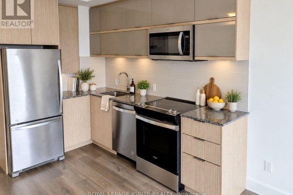 Compact kitchen with stainless steel appliances, granite countertops, and light wood cabinetry. - 2008 - 10 Deerlick Court, Toronto
