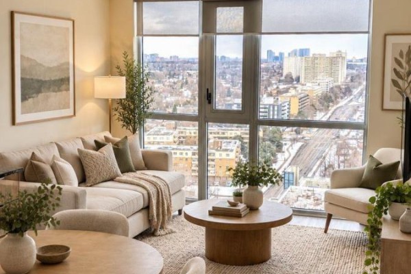 Bright living room with large windows overlooking a snowy cityscape and residential buildings. - 2008 - 10 Deerlick Court, Toronto