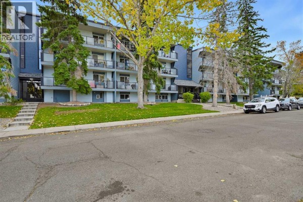 Exterior view of a multi-story apartment building with blue siding and balconies. - 201, 617 56 Avenue Sw, Calgary
