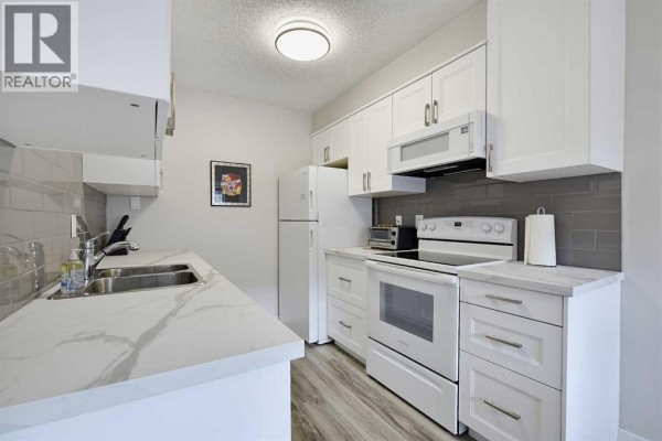 White kitchen with marble countertops, stainless steel sink, and grey tile backsplash. - 201, 617 56 Avenue Sw, Calgary