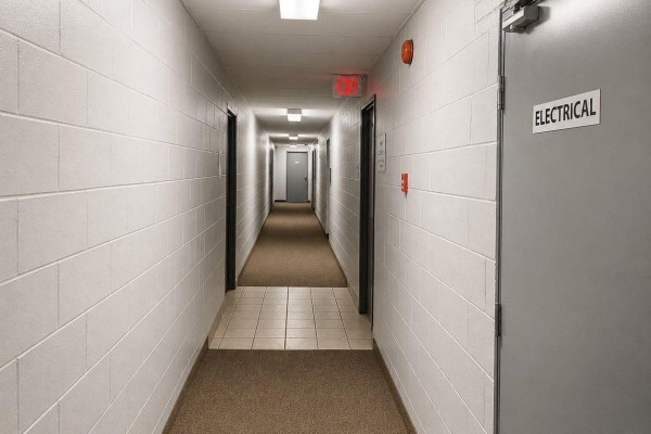 Long, well-lit interior hallway with white brick walls and multiple apartment doors. - 201 - 242 Oakdale Avenue, St  Catharines