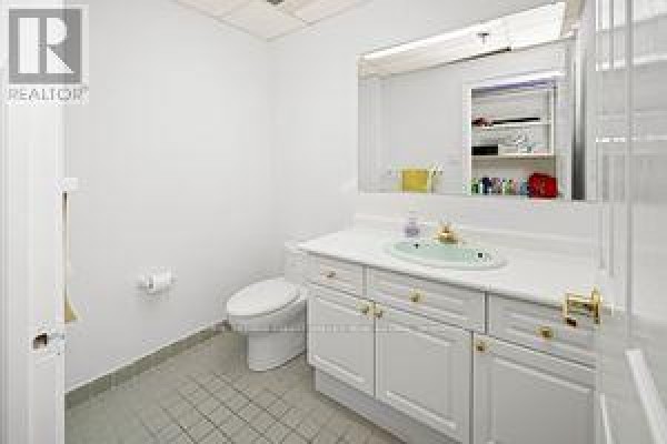 Bathroom vanity with white cabinets, light blue sink, and mirror reflecting shelves. - 201 - 335 Renfrew Drive, Markham