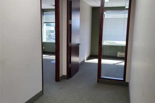 Interior hallway with dark wood doors and glass panel doors leading into carpeted office spaces. - 201 - 50 Acadia Avenue, Markham