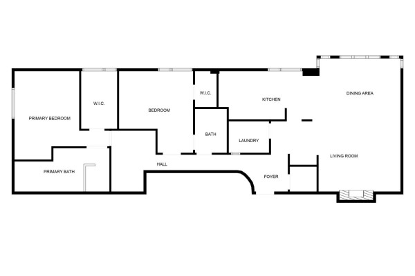 Floor plan of a two-bedroom apartment with living, dining, kitchen, laundry, and bathrooms. - #201 10010 119 St Nw, Edmonton