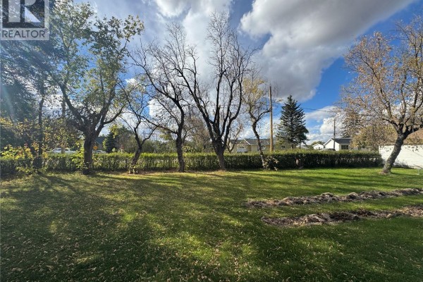 Sunny backyard with large trees, green grass, and a tidy hedge, showing some prepared garden beds. - 201 2nd Avenue, Borden
